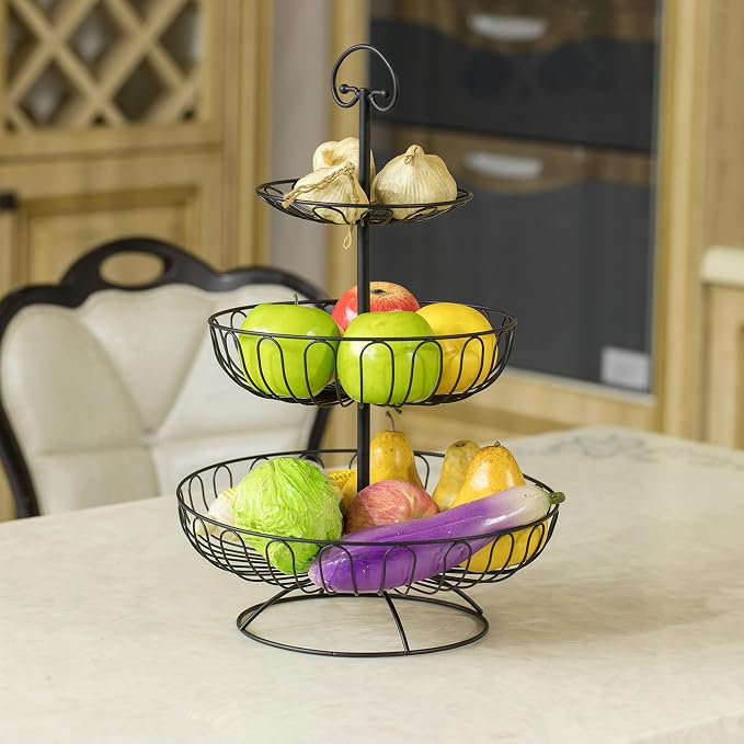 3 Tier Fruit Basket Stand for Kitchen Counter - Black Wire Metal Produce Organizer, Vegetable Storage Bin, Snack Holder, Onion Potato Holder, Pantry Wire Baskets, 12 x 12 x 18.25 Inch - Image 2