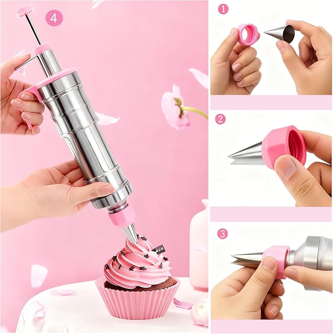 Gawren-H&E 208 PCS Cake Decorating Kit,Baking supplies-Frosting Piping Kit | Cake Decorating Supplies with Icing Dispenser Gun,Piping Bags and Tips Set,Chocolate moulds,Spatulas and more(Light Pink) - Image 7
