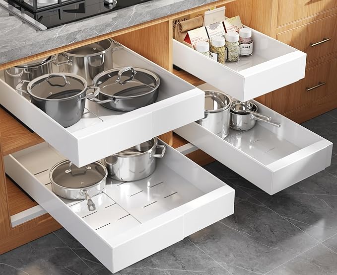 Seinloes 4 Pack Expandable (9"-14") Pull Out Cabinet Organizer 21" Deep With Raising Pad for Framed Cabinets,Upgrade 3 Slide Rails Slide Out Drawers,No Drill Roll Out Shelves Adhesive,White by Seinloes