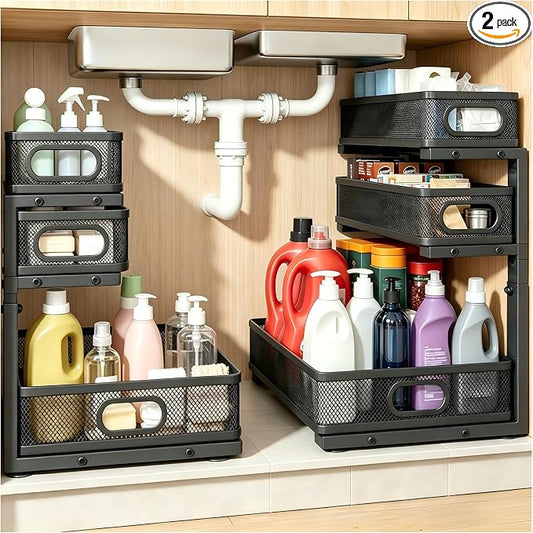 2 Pack Bathroom Under Sink Organizer, 3-Tier Pull Out Kitchen Cabinet Organizer with 5 Adjustable Heights Metal Slide Out Storage Makeup Drawer Rack for Bedroom Office Pantry Home Organization, Black by EGBULL
