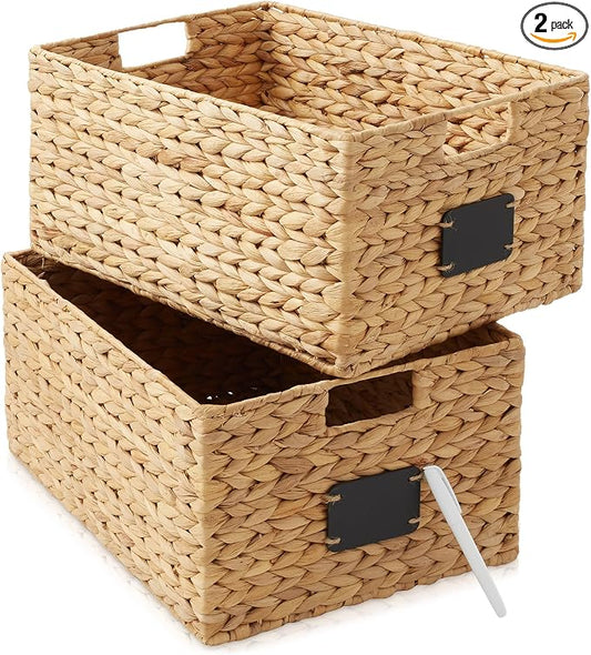 Casafield Set of 2 Water Hyacinth Pantry Baskets, 12-1/2" x 17" x 8", with Chalkboard Labels and Chalk Marker - Natural, Woven Storage Bin Organizers for Kitchen Shelves by Casafield