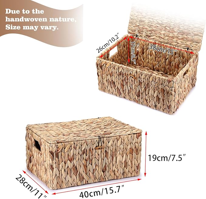 Hipiwe Wicker Storage Basket Bin with Lid, Large Water Hyacinth Baskets Box | Rectangular Decorative Shelf Baskets Bin with Handles Handwoven Household Basket Boxes for Shelf Home Organizing - Image 2