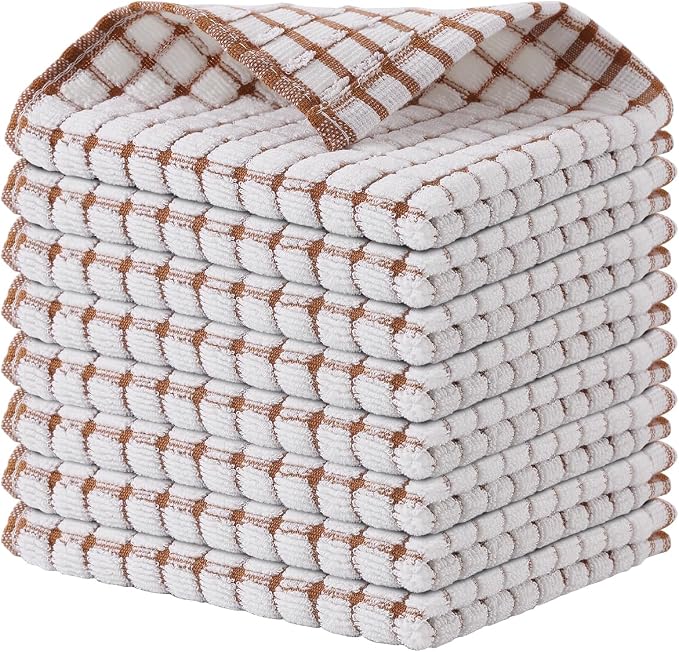 Kitinjoy Cotton 8 Pack Terry Kitchen Dish Cloths, Brown | 12 x 12 Inches Super Soft and Absorbent Dish Rags, Quick Drying Dish towels for Washing Dishes by Kitinjoy