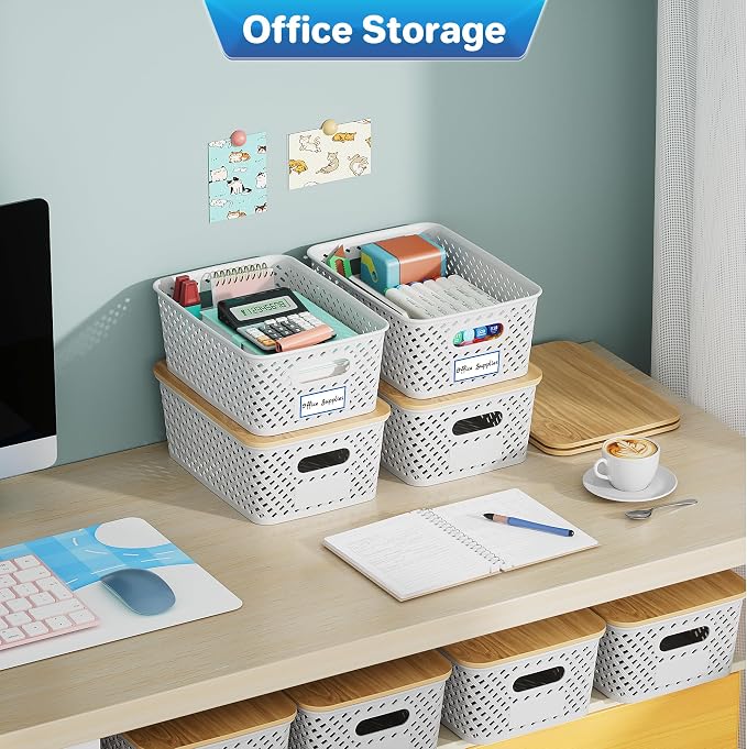 Anysig 8 Pack Plastic Storage Bins with Bamboo Lids, 5.2 QT Stackable Bins | Decorative Small Storage Basket Containers for Organizing Shelves Office Classroom Desktop Closet, Cream White - Image 6