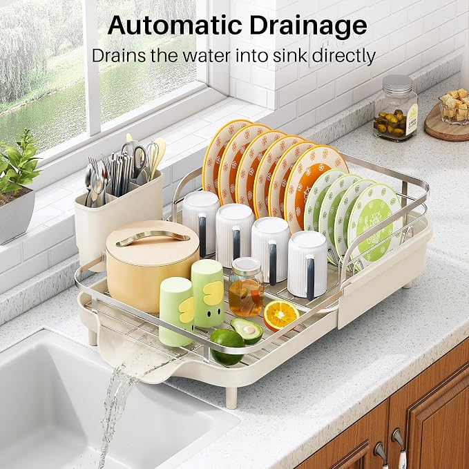 SAYZH Expandable Dish Drying Rack for Small Kitchen Counter, Beige | Stainless Steel, Protective Guardrail, Angled Drainboard, Fits High-Rim Sinks, Removable Utensil Holder - Image 4