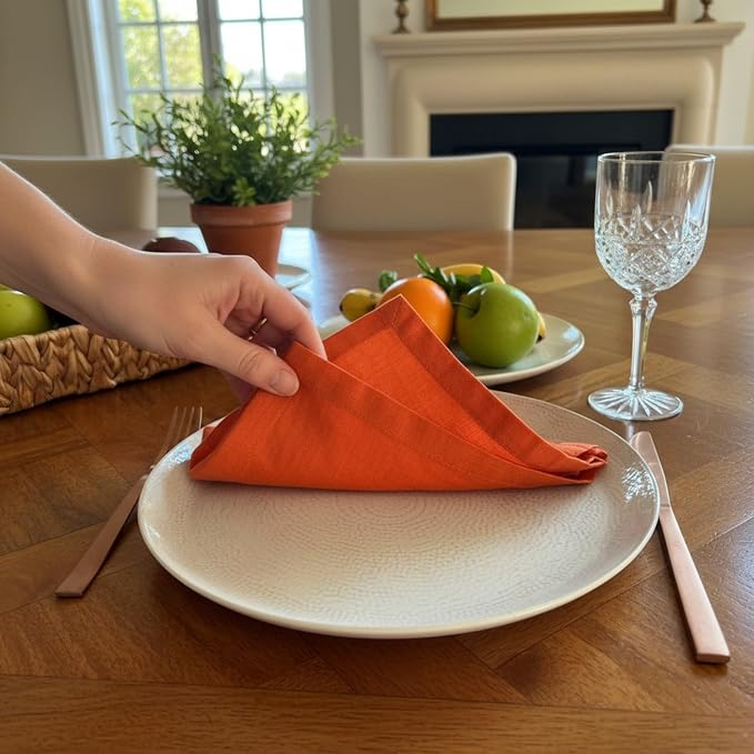 Linen Napkins –100% French Flax – Stonewashed Pure Linen Cloth Napkins - Size 18 Inch x 18 Inch – Set of 4 (Sunset Orange) - Image 9