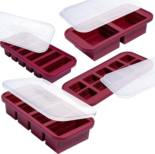 Souper Cubes Silicone Freezer Molds Gift Set, Cranberry | 2 Tbsp, 1/2 Cup, 1 Cup and 2 Cup Silicone Molds for Food Set, Perfect for Freezing Soup, Grains, Proteins, Herbs and More by SouperCubes%C2%AE