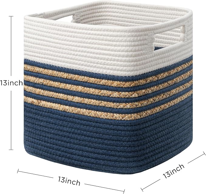 UBBCARE Set of 4 Storage Cubes 13 X 13 X 13 in, Water Hyacinth Storage Bins for Shelves, Book, Storage Baskets with Handles, Cotton Rope Woven Baskets for Organizing, Navy Blue - Image 2