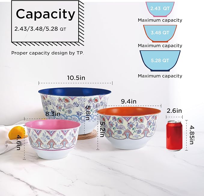 TP Melamine Mixing Bowl Set with Lids, Salad Bowl Set of 3, Ottoman Floral | Nesting Design,Break-resistant,Pasta & Salad Prep, Baking Prep, Space-saving Storage, Freezer Safe, Dishwasher Safe - Image 2