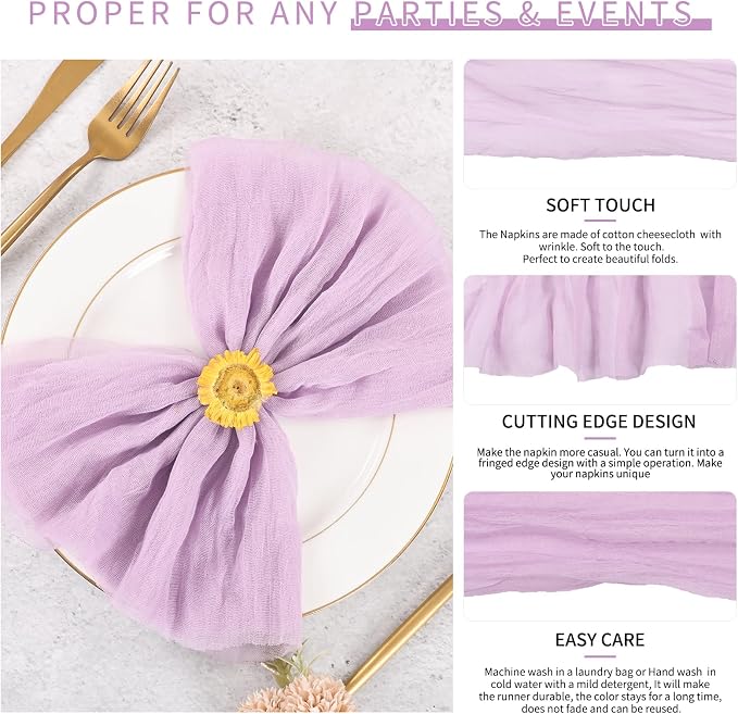 100 Pieces Cloth Napkins Lilac Dinner Cheesecloth Napkins for Wedding,Wrinkled Cloth Napkins Bulk for Home Party Rustic Table Decoration, 17 x 17 Inch - Image 3