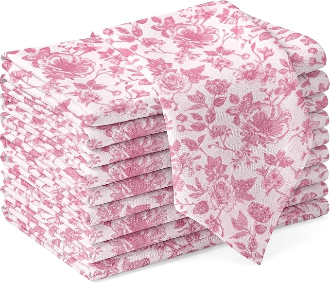 Tegeme 24 Pcs Pink and White Floral Cloth Napkins 15" x 15" Reusable Cotton Napkins, Pink Floral Napkin for Spring Tea Party, Wedding, Catering & Home Decor by Tegeme