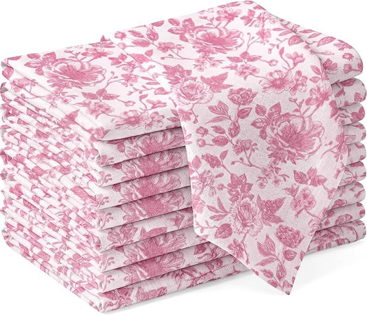 Tegeme 24 Pcs Pink and White Floral Cloth Napkins 15" x 15" Reusable Cotton Napkins, Pink Floral Napkin for Spring Tea Party, Wedding, Catering & Home Decor by Tegeme