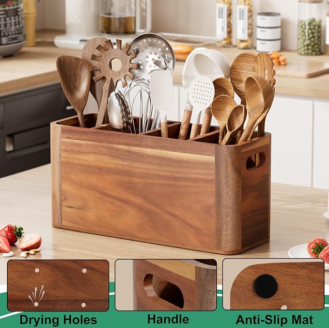 ZUJJAFY Utensil Holder, Acacia Wood Kitchen Utensil Holder for Counter with 4 Compartments, Extra Large Wooden Kitchen Utensils Organizer for Countertop Cooking Spatula Storage - Image 4