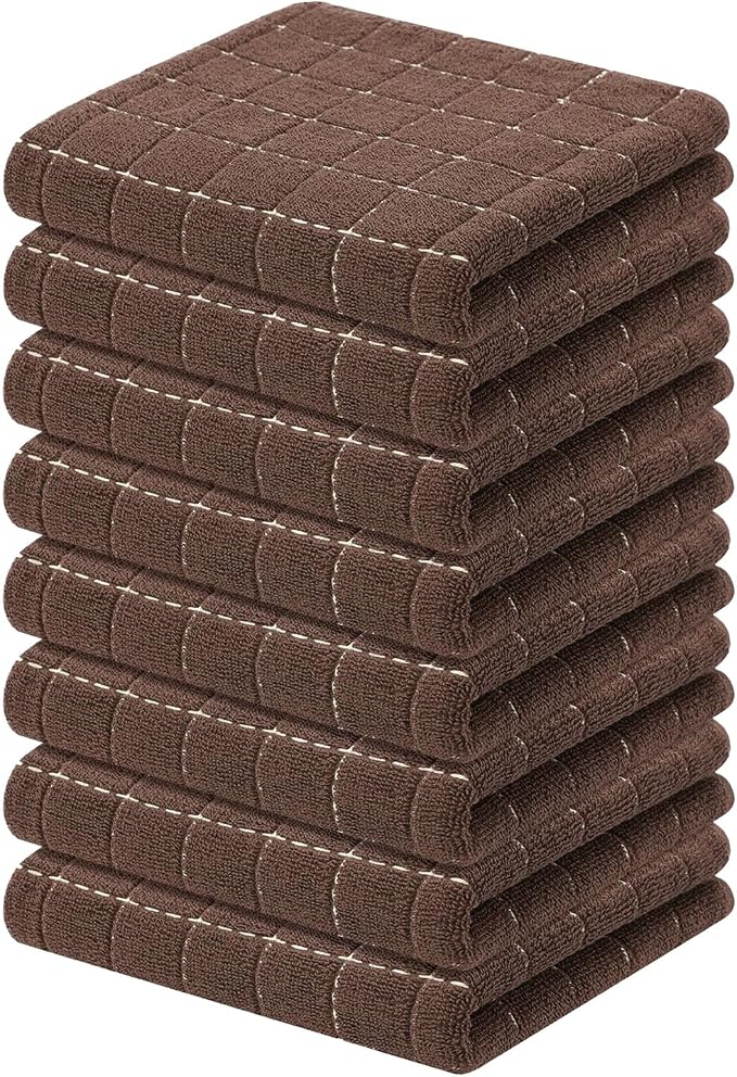 Kitinjoy 100% Cotton Terry Kitchen Towels, 13”x 28”, 8-Pack, Brown | Checkered Designed, Ultra Soft Absorbent Quick Drying Dish Towels by Kitinjoy