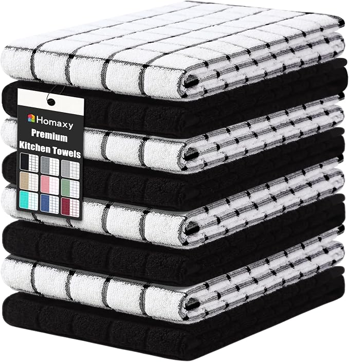 Homaxy Large Premium Cotton Kitchen Towels 16"x 28", 8 Pack, Black | Natural Ring Spun 390 GSM Dish Towels, Super Absorbent Terry Kitchen Hand Towels, Soft Tea Towels with Hanging Loop by Homaxy