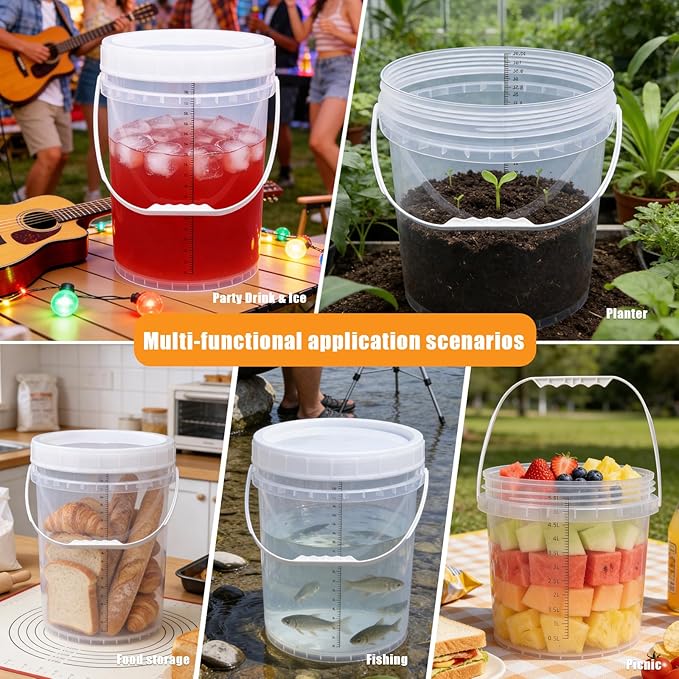 3 Pack 2.6 Gal & 1.3 Gallon Bucket with Lid, Clear Plastic Food Storage Containers, Food Grade Buckets with Lids for Ice Cream, Dog Food, Water, Large Quart Container with Handle - Image 2