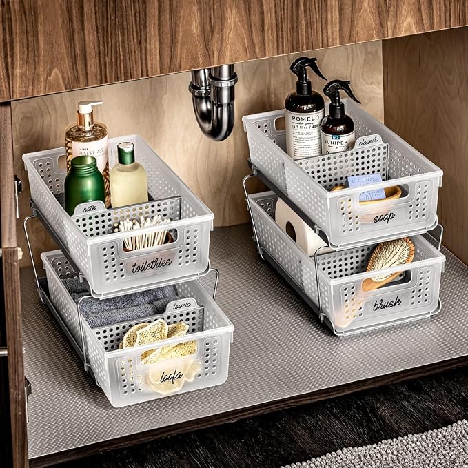 madesmart 2 Tier Organizer, Under Cabinet Storage with Pull Out Sliding Drawers, for Cleaning Supplies, Pantry, Undersink, Sponges, Bottles & Bath, Pull Out Baskets, Frost 2 PACK - Image 4
