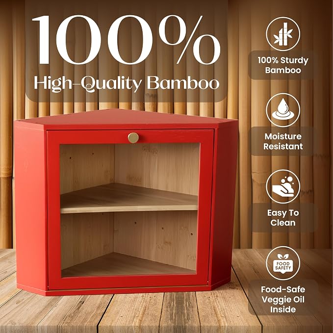2 Tier Corner Bread Box for Kitchen Countertop, Red | Space-saving, food-safe bamboo corner countertop cabinet featuring a modern brass knob & controlled airflow. - Image 5