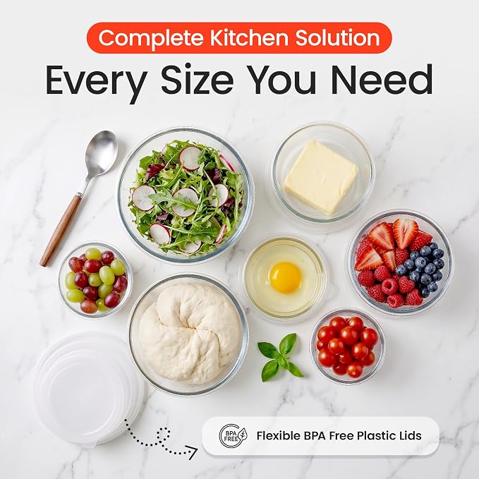 14pcs Set Salad Bowls (7 Airtight & 7 Lids) | Clear Salad Mixing Bowl for Cooking, Baking, Prepping | BPA Free, Dishwasher, Microwave & Freezer Safe Food Containers for Kitchen - Clear - Image 5