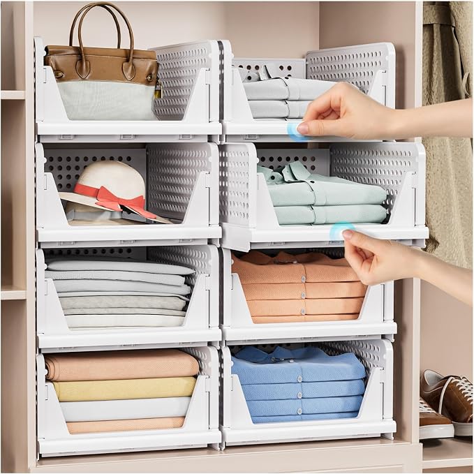 8 Pack Stackable Closet Storage Basket - Stackable Storage Bins | Multifunctional & Foldable Closet Organizer Waterproof, Wardrobe Cupboard Space-Saving Storage Drawer Organizer - Image 2