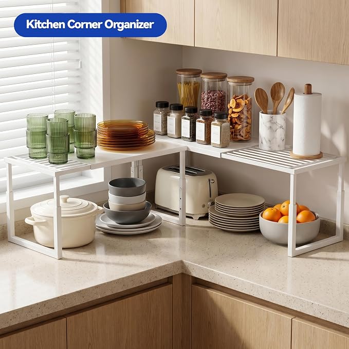 Expandable Cabinet Shelf Organizer, Stackable Countertop Shelves, White | 15.8''- 25.5'' In Cabinet Shelf, Adjustable Kitchen Cabinet Organizer for Pantry Organizer, CupBoard Organizers and Storage - Image 4