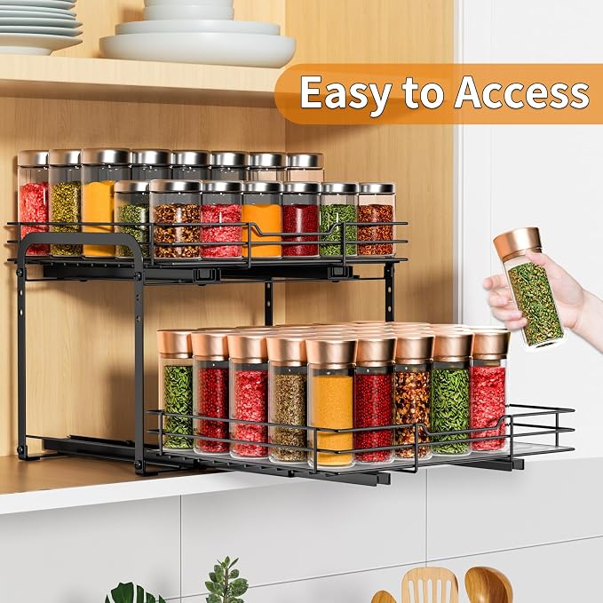 RCHYFEED 2 Tier Height Adjustable Pull Out Spice Rack,13.5" Wx10.5 Dx9.5 H | Heavy Duty Spice Organization for Cabinet Metal Slide Out Spice Rack for Cabinet & Pantry, for Seasoning,Sauces,Canned Goods - Image 4