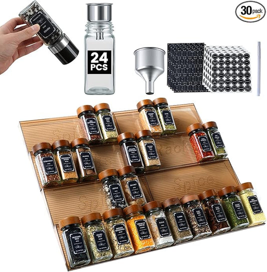 2 Pack Spice Rack with 24 Spice Jars, 4OZ Wood Lid Spice Containers with Expandable Spice Organizer Shelf, Spice Labels, Pepper Grinder Lids, Chalk Marker & Funnel Set for Drawer Kitchen Countertop by Agotglmi