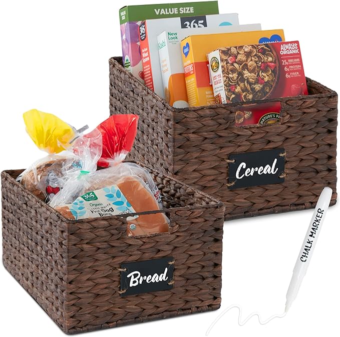 Best Choice Products Pantry Baskets Set of 2 16x12in Water Hyacinth Storage Baskets, Woven Wicker Kitchen Organizers with handles w/Chalkboard Label Chalk Marker - Brown by Unknown