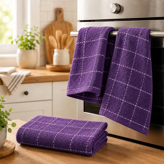 Kitinjoy 100% Cotton Terry Kitchen Towels, 13”x 28”, 6-Pack, Purple | Checkered Designed, Ultra Soft Absorbent Quick Drying Dish Towels - Image 7