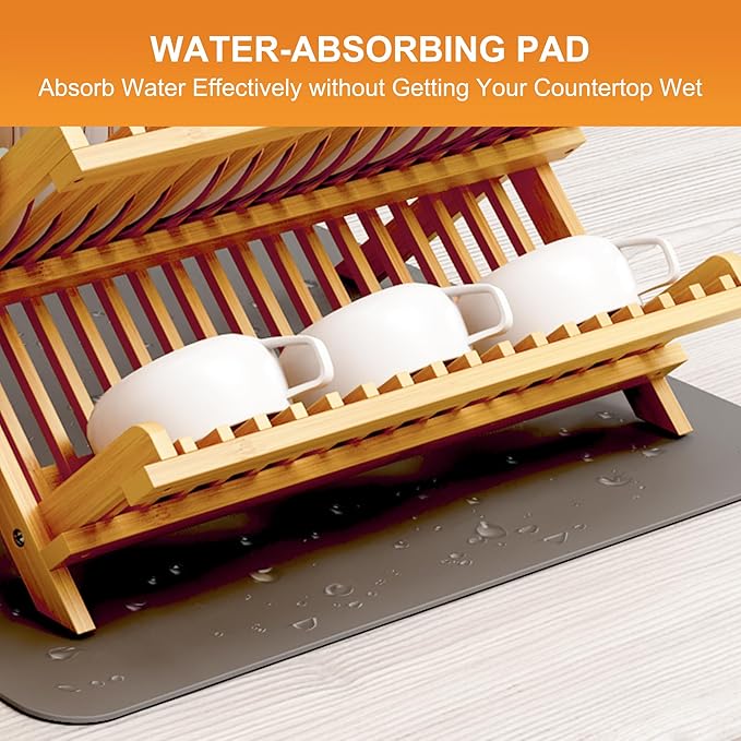Greenual Bamboo Dish Drying Rack with Utensil Holder, 2 Tier Collapsible Dish Rack, Wooden Dish Racks for Kitchen Counter, Folding Drying Holder with Absorbent Dish Drying Mat - Image 6