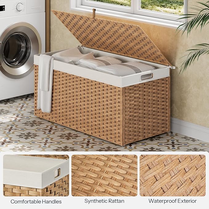 HOOBRO Storage Basket with Lid, 52.8 Gallon (200L) Wicker Basket, Handwoven Blanket Storage Basket with Handles, Metal Frame and Soft Lining, Foldable for Bedroom, Laundry Room, Natural NL220CW01 - Image 6