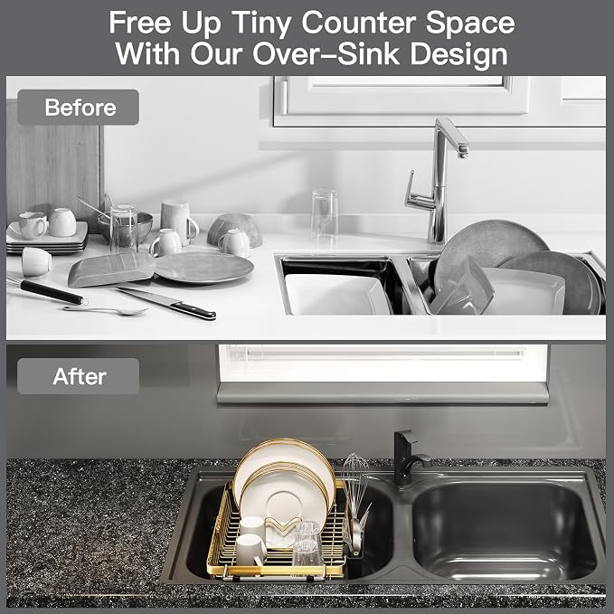 Gold Dish Drying Rack Over The Sink with Utensil Holder | Expandable Stainless Steel Dish Drainer for Small Kitchen, Apartment, RV, Counter Space Saving, Perfect Fit, Rustproof - Image 2