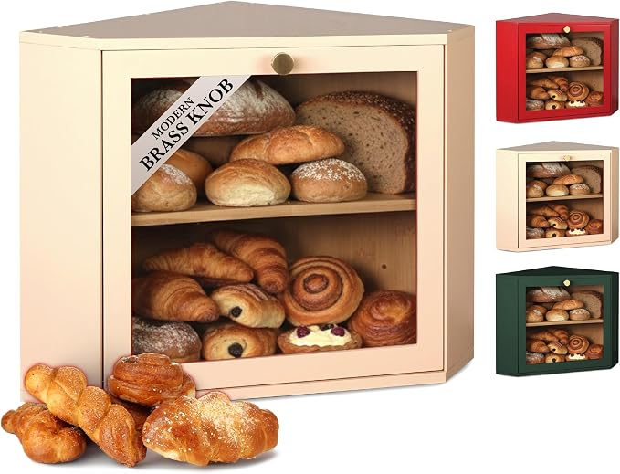 2 Tier Corner Bread Box for Kitchen Countertop, Cream | Space-saving, food-safe bamboo corner countertop cabinet featuring a modern brass knob & controlled airflow. by Unknown