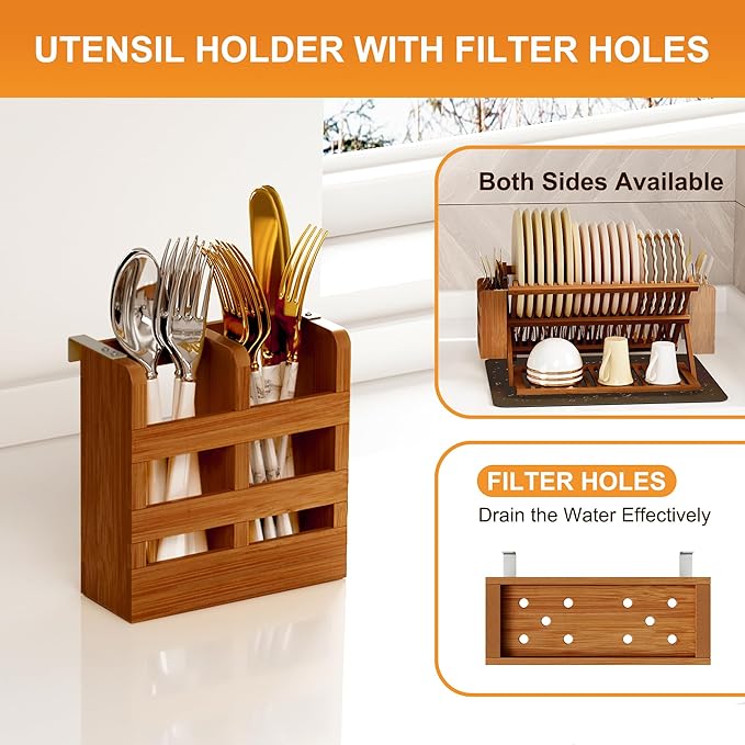 Greenual Teak Dish Drying Rack with Utensil Holder, 3 Tier Collapsible Dish Rack, Wooden Dish Racks for Kitchen Counter, Large Folding Drying Holder with Absorbent Dish Drying Mat - Image 3