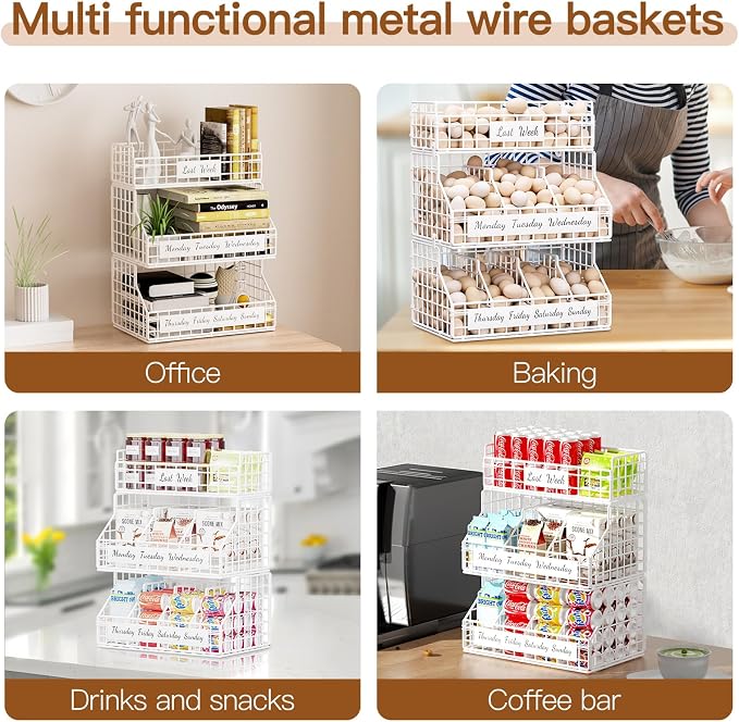 Egg Basket, Stackable Wall Mount Egg Holder Countertop with Weekday Labels | Rustproof carbon steel basket with adjustable dividers, ideal for backyard poultry, small kitchen & pantry storage, 1T White - Image 3