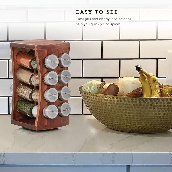 Kamenstein 16 Jar Hourglass Revolving Countertop Spice Rack with Spices Included, FREE Spice Refills for 5 years, Acacia with Stainless Steel Caps - Image 5
