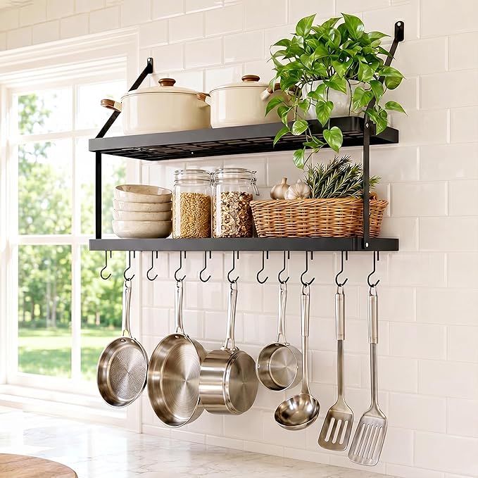 KES 2-Tier Wall Pot Rack, 30-Inch, 100 Lbs Load, Heavy-Duty, Matte Black | 12 Removable S-Hooks, Cast Iron Pots and Pans Organizer, 16-Inch Stud Spacing, Kitchen & Dining Storage by KES