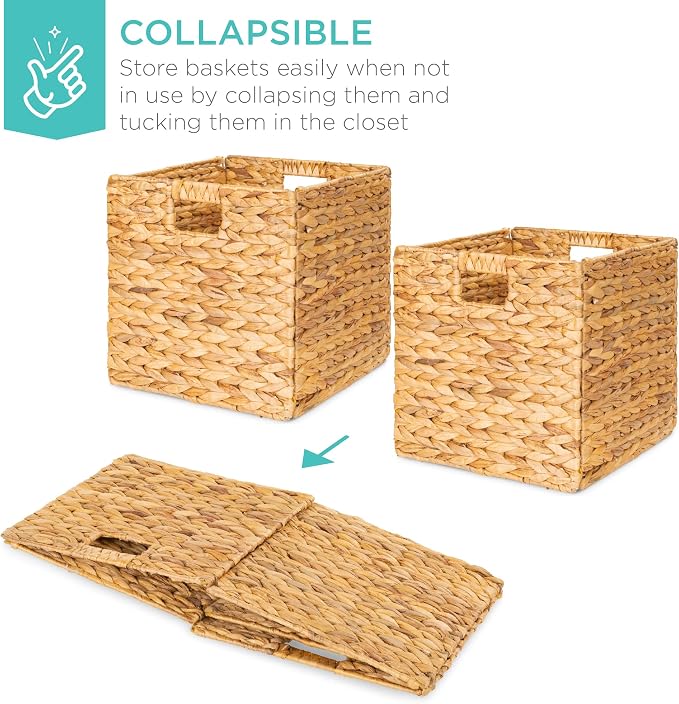 Best Choice Products 10.5x10.5in Pack of 5 Cube Storage Baskets, Water Hyacinth Multipurpose Collapsible Organizers, Handwoven Laundry Totes for Laundry, Living Room, Kids Room & Nursery - Natural - Image 3