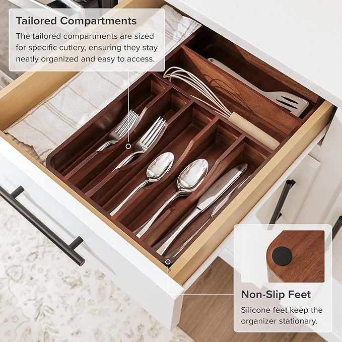 Silverware & Utensil Organizer, Fixed 10.5 in, Acacia | Cutlery, flatware holder, rounded corners, 7 compartments, non-slip feet, kitchen drawers - Image 6
