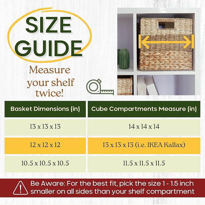 12x12 Baskets for Cube Storage, Wicker Cube Storage Bins Set 4 | 12x12x12 Storage Bins, Foldable Square Baskets For Cube Shelves, Kallax Woven Bins, Versatile Storage, Natural Water Hyacinth - Image 5