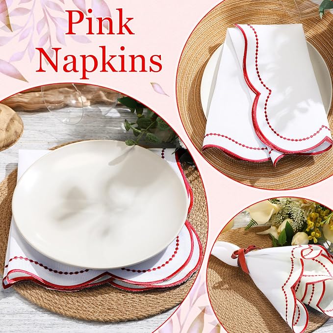 Hahafelt Cloth Napkins 18x18inches Scalloped Embroidery Cloth Napkins Washable Polyester Table Dinner for Hotel Restaurant Weddings Events Parties (Red,12 Set) - Image 3