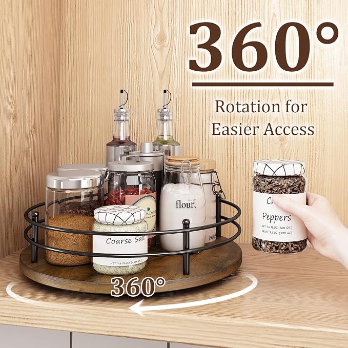 12" Lazy Susan Turntable Organizer,Round Wooden Lazy Susan Organization and Rotating Spice Rack for Dining Table,Pantry,Kitchen Countertop,Vanity,Cupboard and More. (Heightened Version,Round) - Image 2