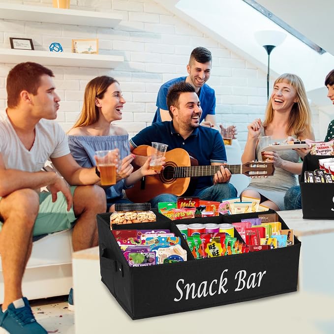 2 Pack Snack Organizer for Countertop With Handles - 6 Compartment Box Basket, Bar Station, Kitchen Cabinet Pantry Storage - Black - Image 3