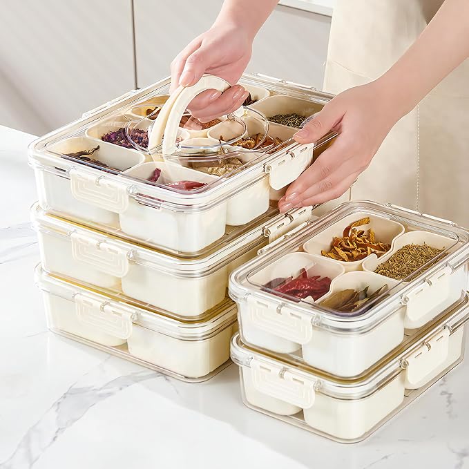 2Pack Snackle Box with Handle for Food Serving Tray Snack Platter with Lids Stackable Fruit&Veggie Container with 8 Small Removable Boxes for Snack Charcuterie Candy Nuts Spice - Image 8