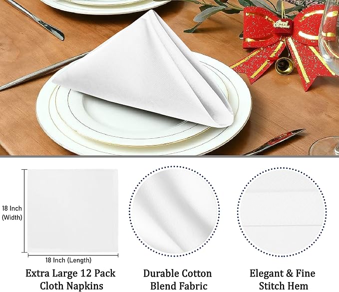 Ruvanti Cloth Napkins set of 12, 18x18 Inches Napkins Cloth Washable, Soft, Durable, Absorbent, Cotton Blend. Table Dinner Napkins Cloth for Hotel, Lunch, Restaurant, Weddings, Events, Parties - White - Image 7