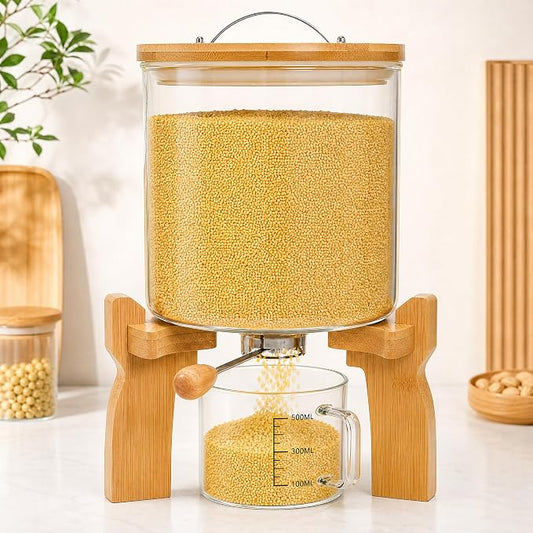 Goaste Glass Rice Dispenser with Bamboo Stand, 5L Flour Cereal Container with Airtight Lid, 8 Lbs Large Grain Food Storage Bucket, Countertop Beans Storage Tank with Measuring Cup & Valve for Dry Food by Goaste