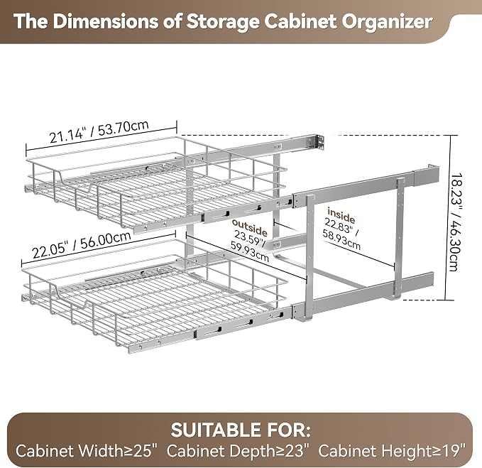 2 Tier Pull Out Cabinet Organizer 24" W X 22" D, Chromed, Full Slide Out | For Kitchen Organizers and Storage, Pull Out Drawers For Cabinets Capacity Heavy Duty Caddy, Cabinet Shelves, Bathroom Pantry - Image 2