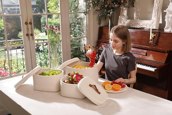 Set of 3 Nesting Woven Storage Baskets with Lids, Cotton Rope Decorative Basket Set for Shelf Closet Living Room Organizing, Rectangular Off White - Image 5