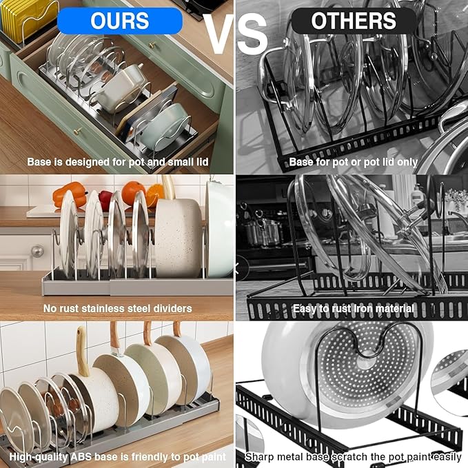Mustorn Pots and Pans Organizer Under Cabinet, 22" Expandable Food Storage Container Lid Organizers with 9 Adjustable Dividers Pot and Pan Lid Holders Rack Inside Cabinet/Countertop(1 Pack, Gray) - Image 6