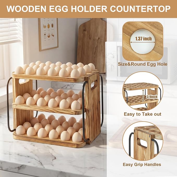 Wooden Egg Holder Countertop for Fresh Eggs with Handle | 3 layer, fresh egg holder countertop, stackable with 90 eggs for countertop to store chicken/duck/hand painted/easter egg - Image 3